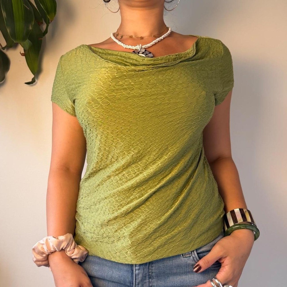 Atmosphere Lime Green Cowl Neck Slinky Textured Blouse Y2K Made in USA Large